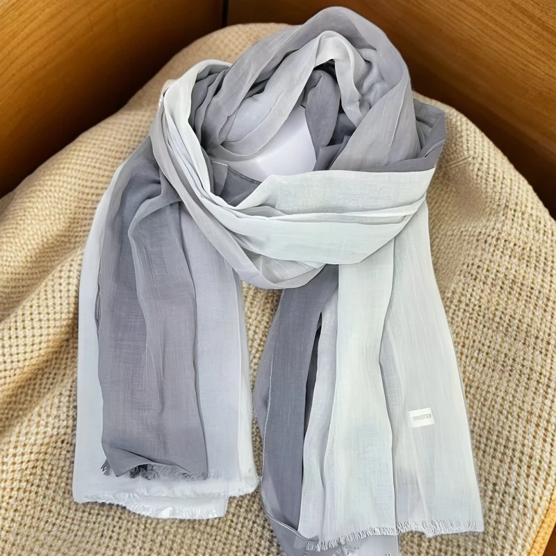 日系春秋大尺寸围巾披肩丝巾棉麻渐变色蓝色长巾时尚百搭经典