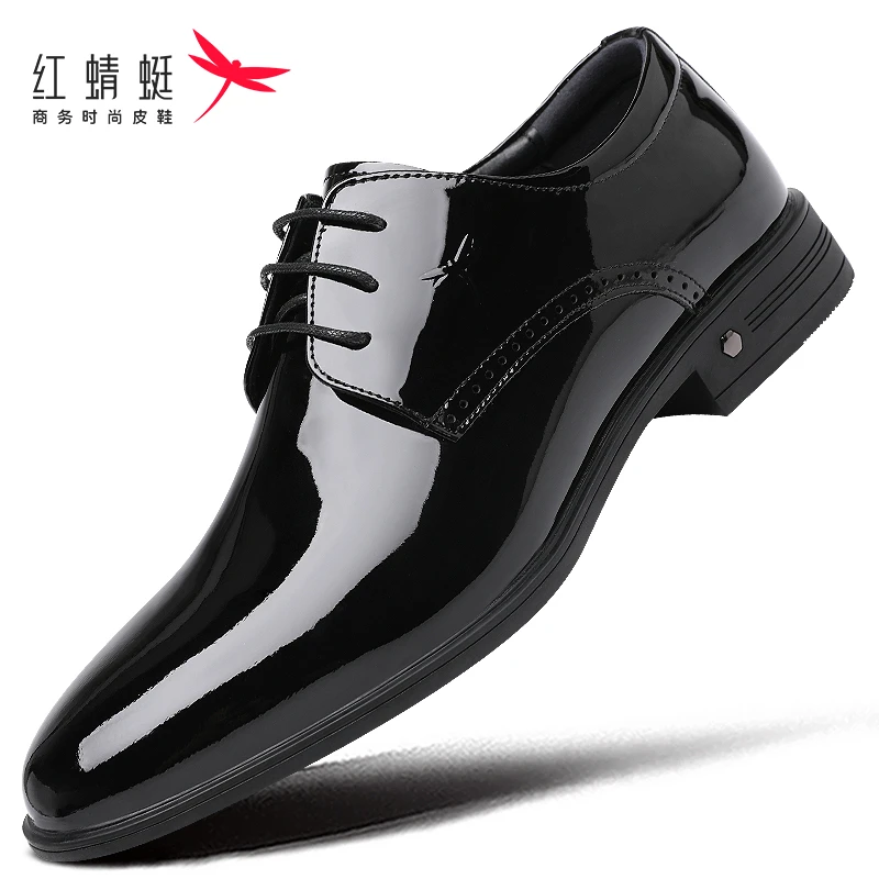 红蜻蜓皮鞋男结婚新郎鞋商务正装真皮头层牛皮漆皮尖头高档男鞋黑