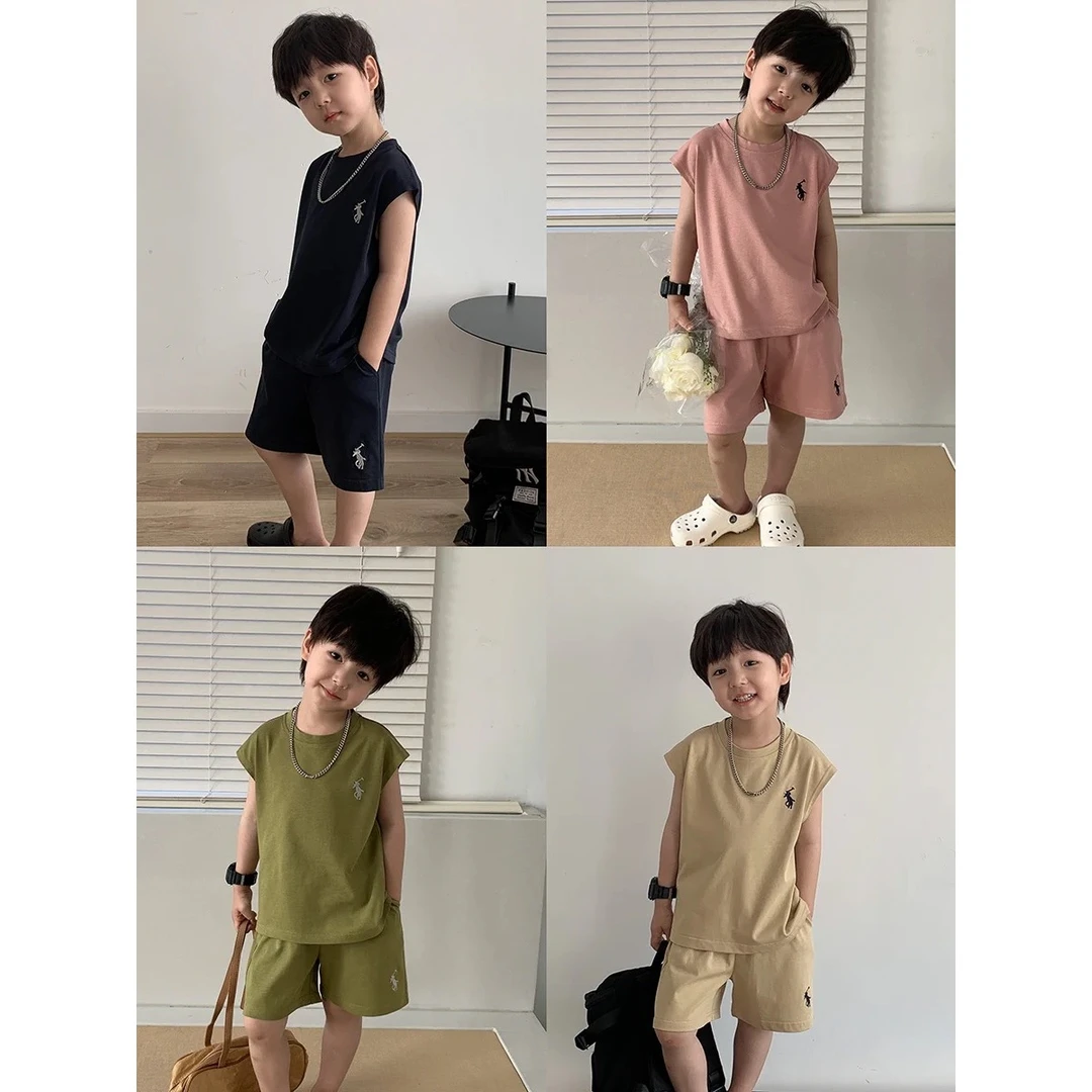 夏季新款男童纯棉休闲刺绣背心无袖短裤套装