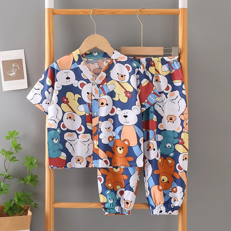 女童短袖套装绵绸薄款夏季空调服中小儿童宝宝休闲宽松家居服睡衣