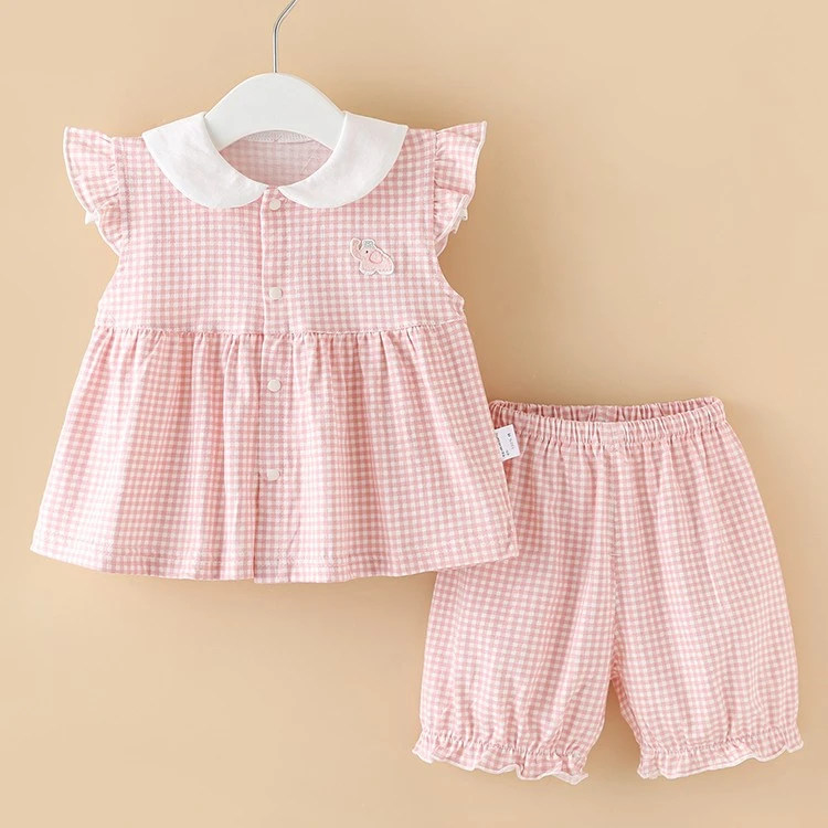巴拉巴拉恩粉色格子女宝宝衣服套装分体两件套女童夏装小公主纯棉