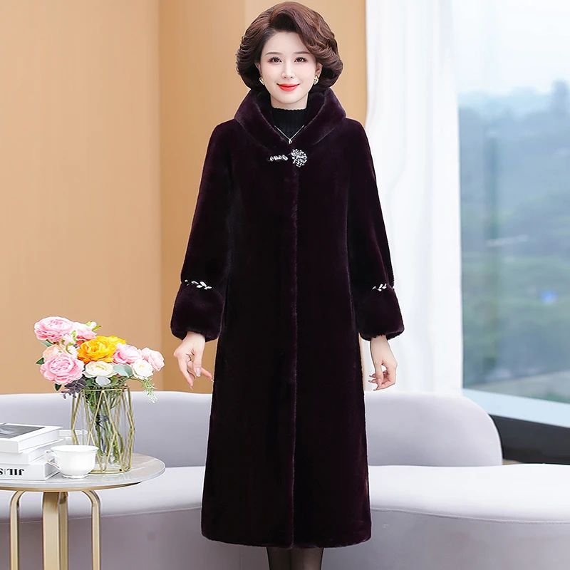 冬季妈妈装外套仿水貂绒皮草大衣女过膝长款连帽加厚大码宽松显瘦