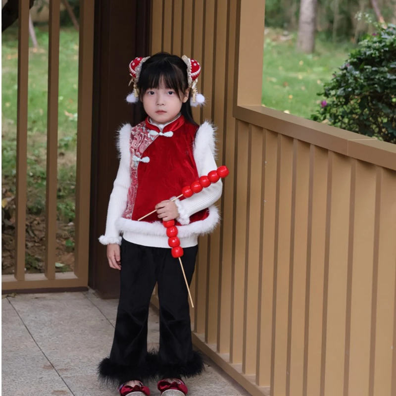 马甲TC.KIDS#39638女童2023秋季冬季加绒丝绒【新年】旗袍马甲