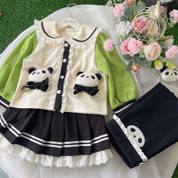 TC.KIDS#39545 品牌女童2023秋季新款中国风熊猫外套+半裙+裤子