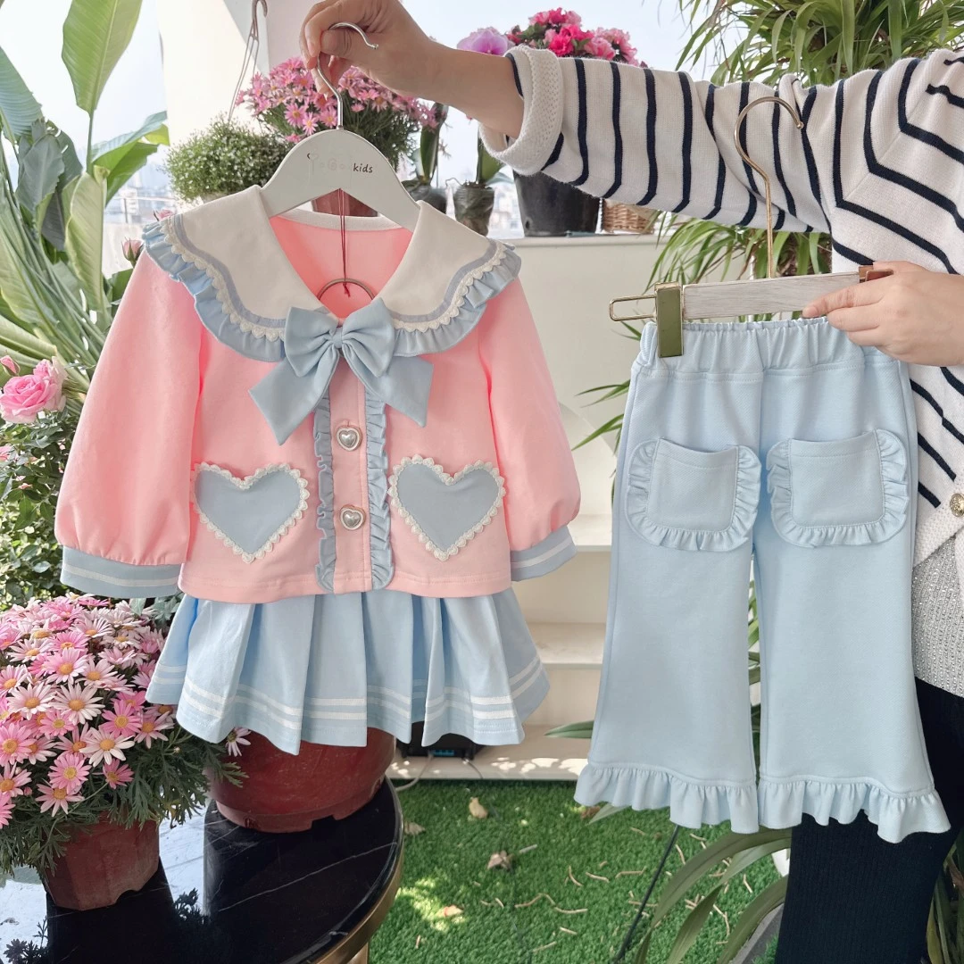 TC.KIDS#39284  品牌女童2023春夏新款蓝色上衣+长裤+半裙 套装