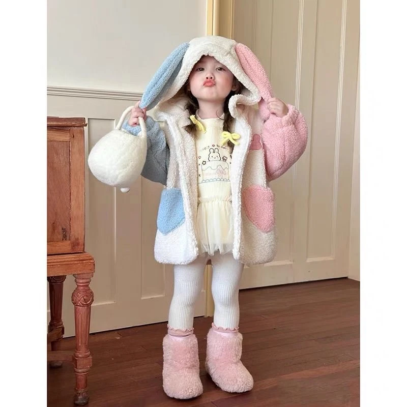 女童秋冬新款毛绒外套洋气男女宝宝连帽保暖上衣卡通外套
