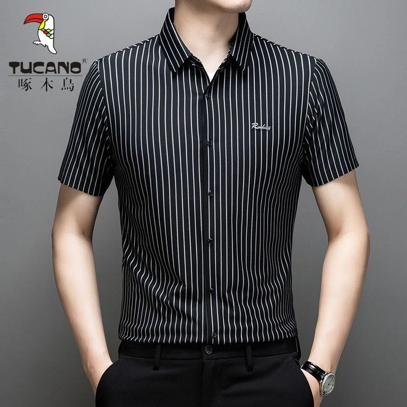 啄木鸟夏季男士抗皱免烫冰丝短袖薄款条纹衬衫商务时尚休闲衬衫男