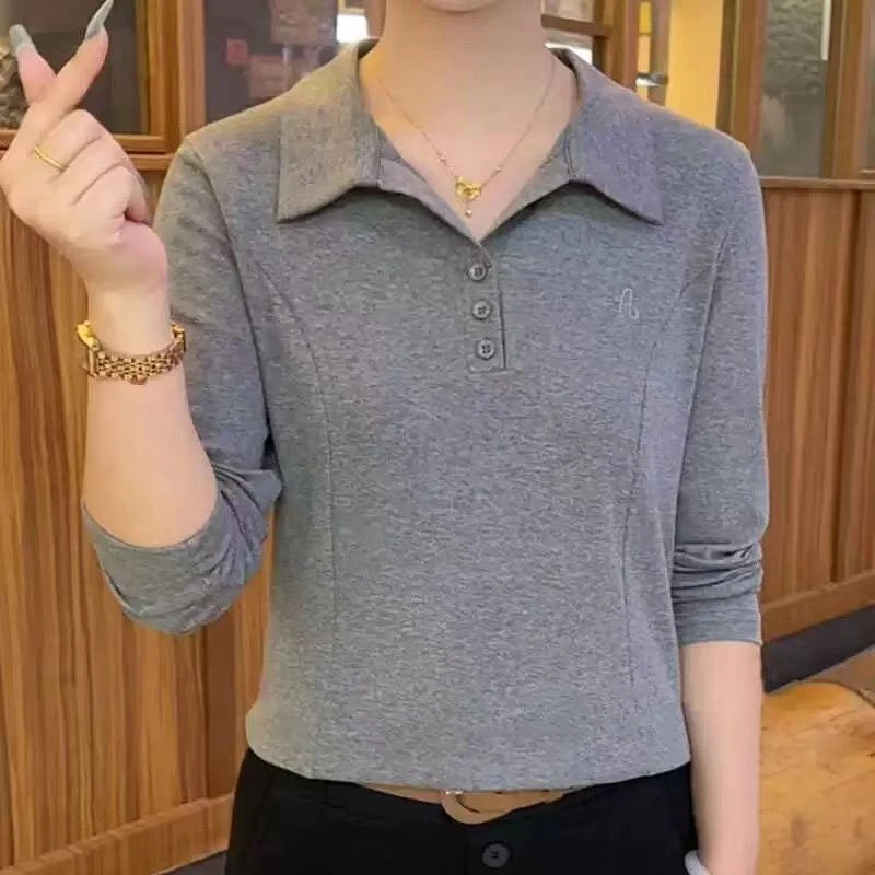 新款刺绣POLO翻领纯色洋气长袖时尚减龄显瘦百搭妈妈小衫