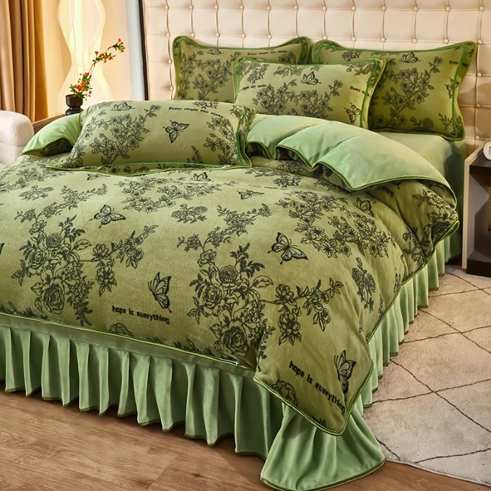 韩版加绒加厚牛奶绒床裙四件套保暖双面绒被