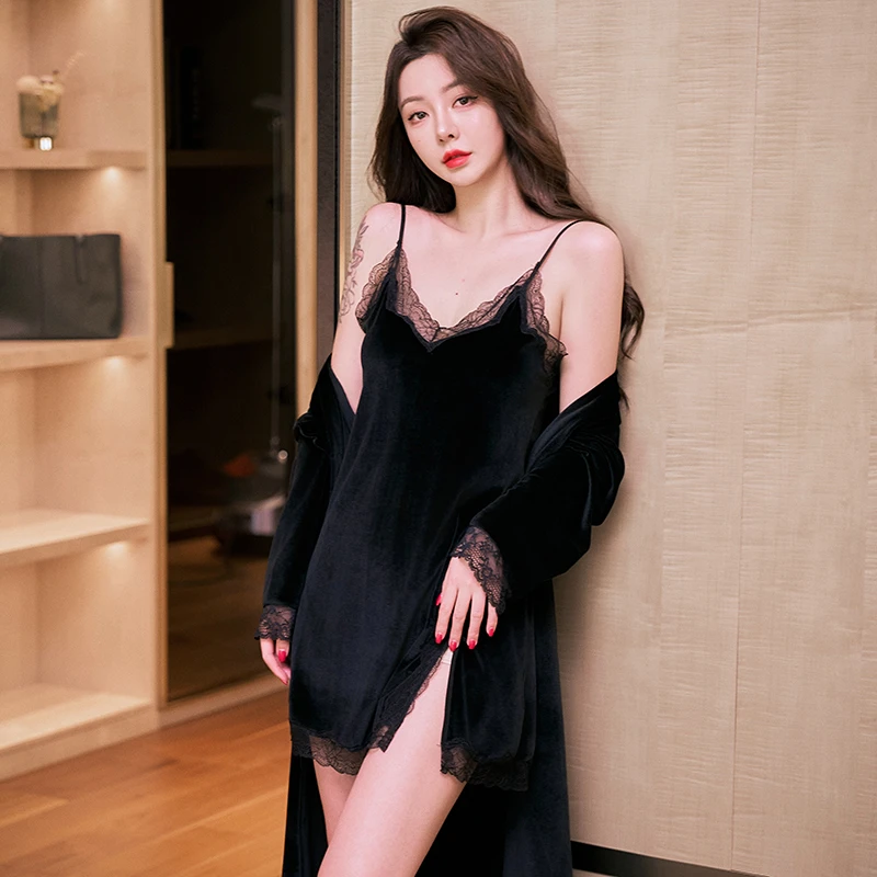 金丝绒性感睡衣女春秋季2025新款蕾丝高级感纯欲爆款吊带睡裙睡袍