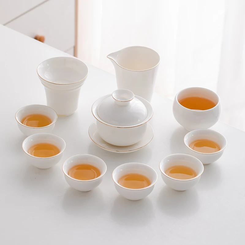 描金圆满羊脂玉白瓷功夫茶具套装高档家用办公茶杯盖碗整套简约