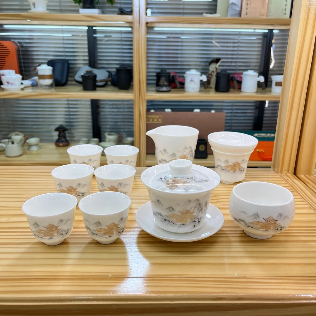 高山阁楼悬停11件  羊脂玉白瓷功夫茶具套装  安全泡沫包装