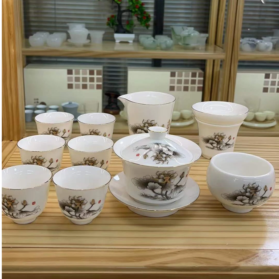 描金荷气生财11件  白瓷羊脂玉功夫茶具套装  安全泡沫包装