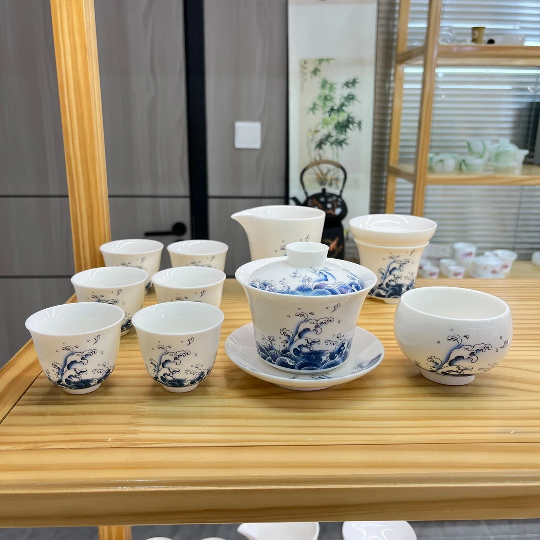 海浪悬停转盖11件套 羊脂玉白瓷功夫茶具套装 安全泡沫包装