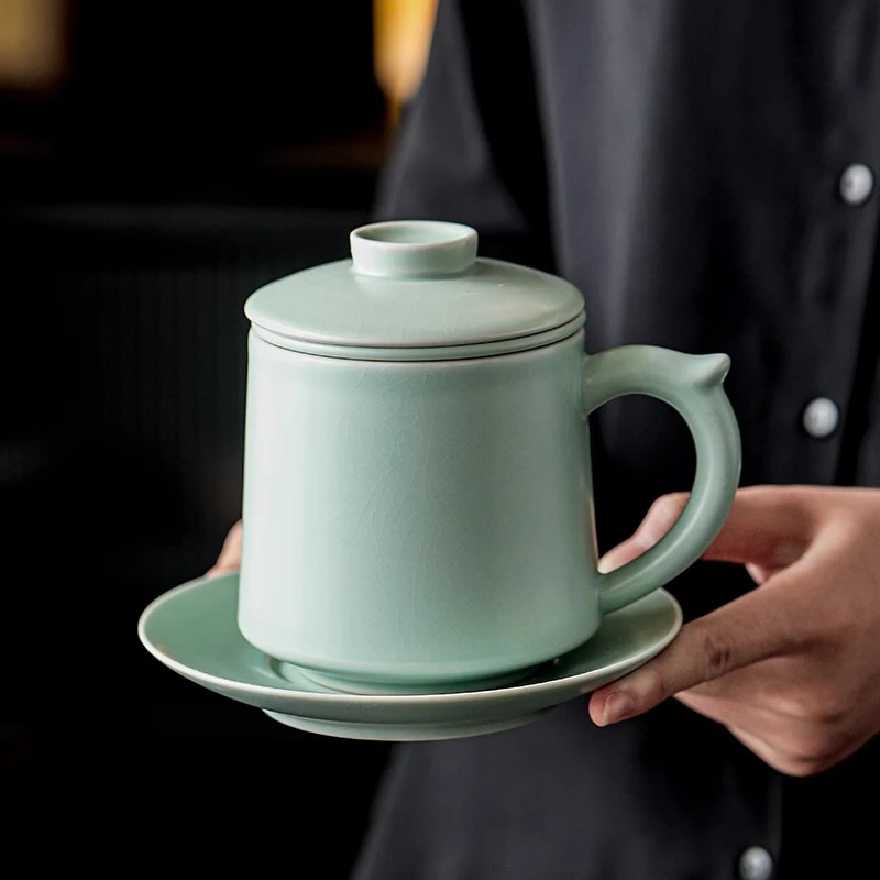 汝窑茶杯家用陶瓷带盖过滤个人水杯大容量办公室泡茶杯茶水分离杯