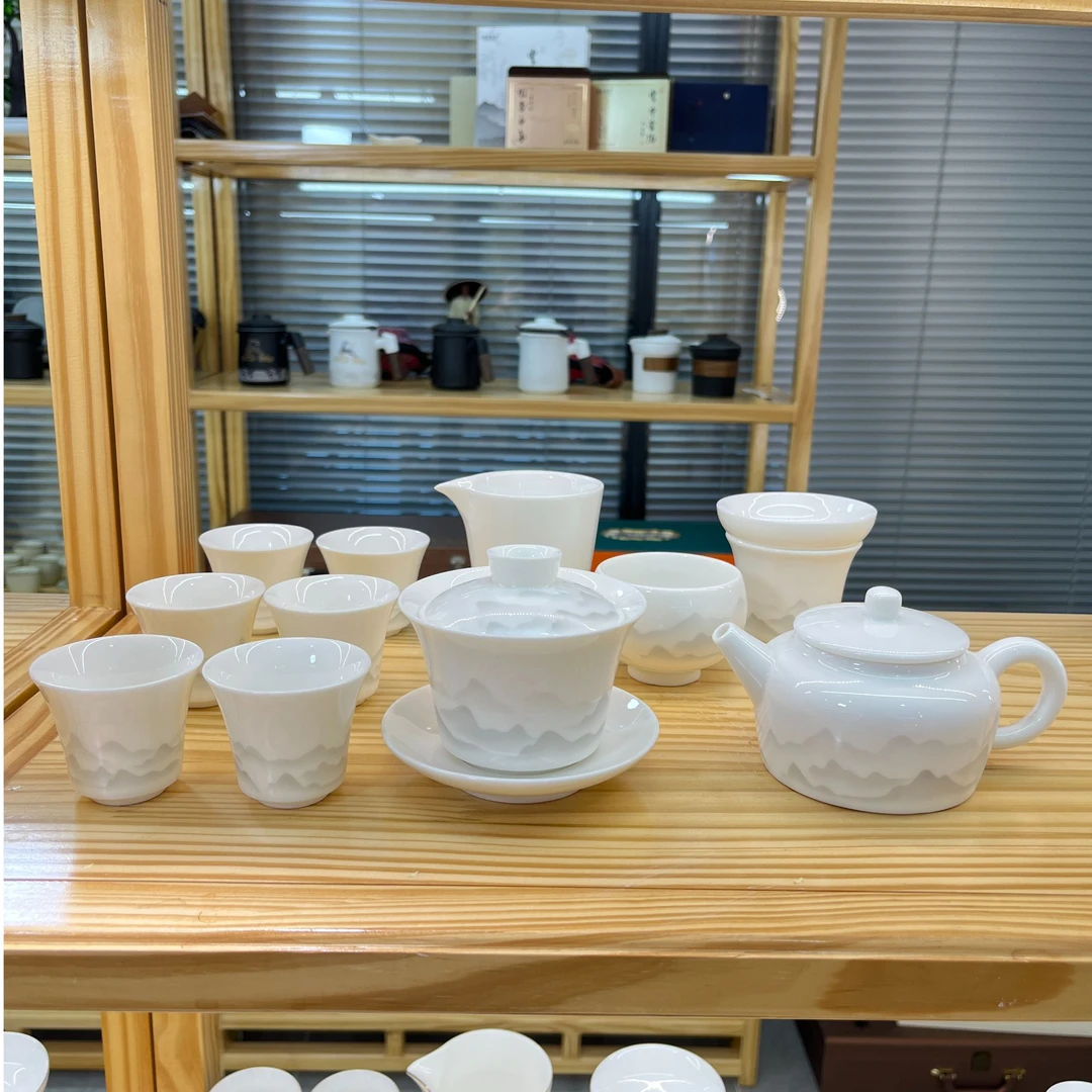 悬停远山闻香杯款14件套  羊脂玉白瓷功夫茶具套装 安全泡沫包装