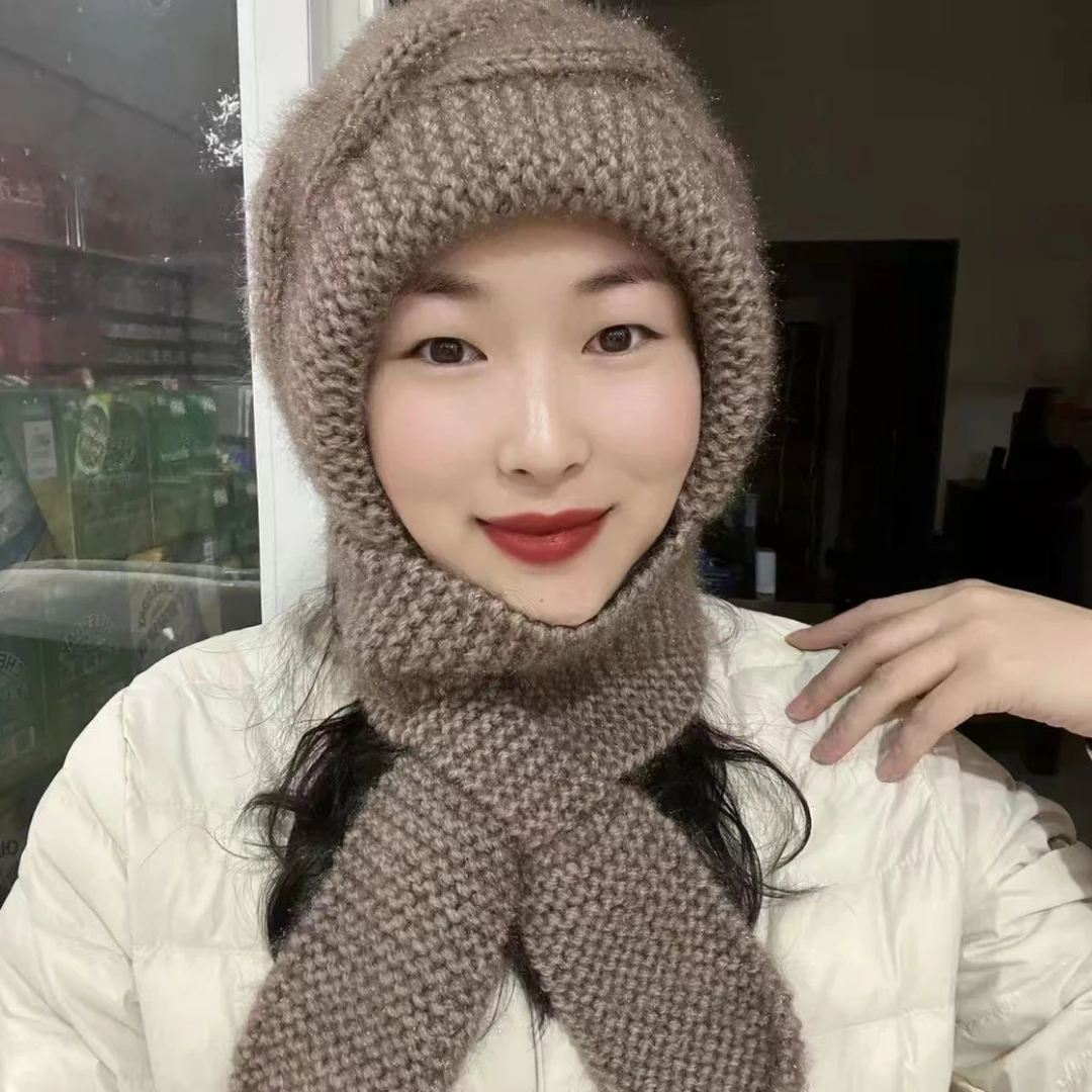 新款棋盘编织风雪帽加厚秋冬帽子松鼠女士纯手工保暖围巾针织一体