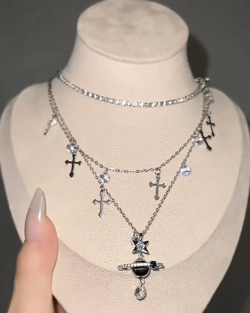 钛钢项链 水星记轻奢时尚百搭银色镶嵌小众手工