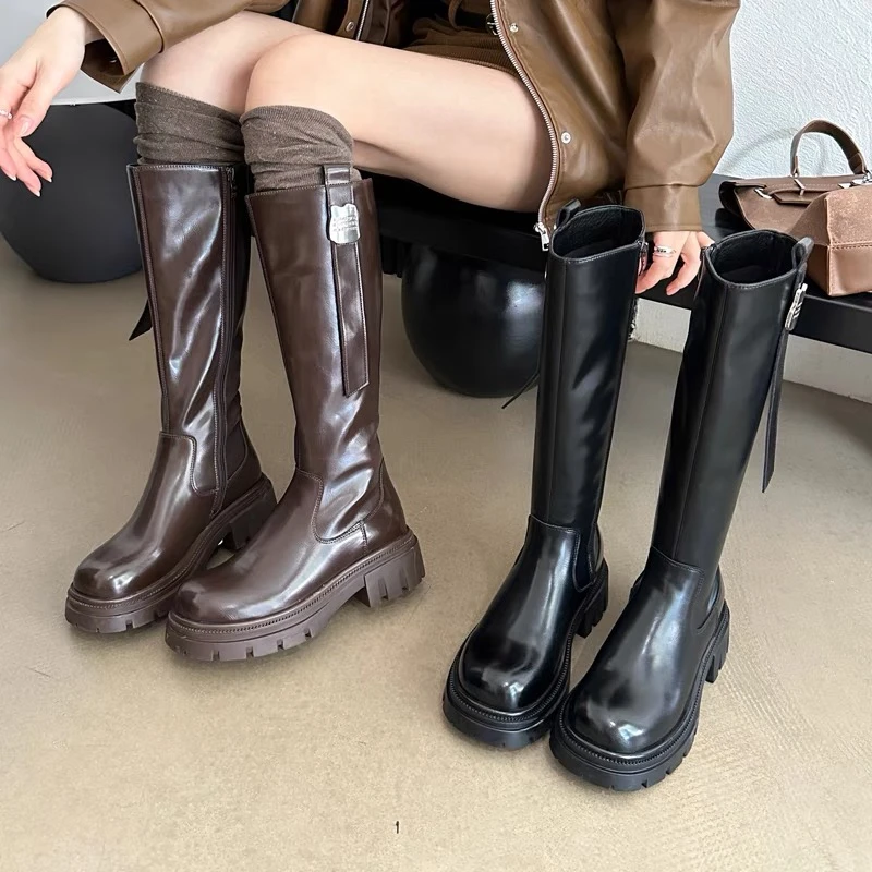 焦糖栗子~加绒高筒骑士靴女2023冬真皮厚底显瘦不过膝长靴52535
