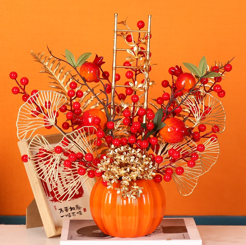 【成品发货】步步生花南瓜红浆果花束假花仿真花摆设客厅餐桌摆装饰
