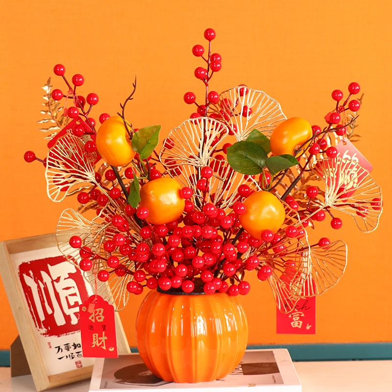 【成品发货】轻奢新款仿真红浆果石榴高档电视柜乔迁中式南瓜摆件
