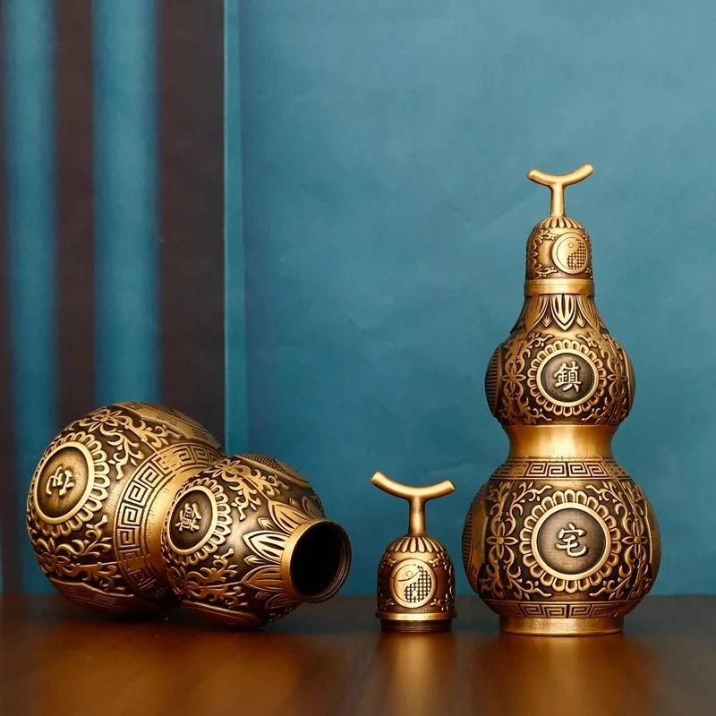家用葫芦摆件 纯铜 手工可开盖八卦图案纯铜葫芦摆件