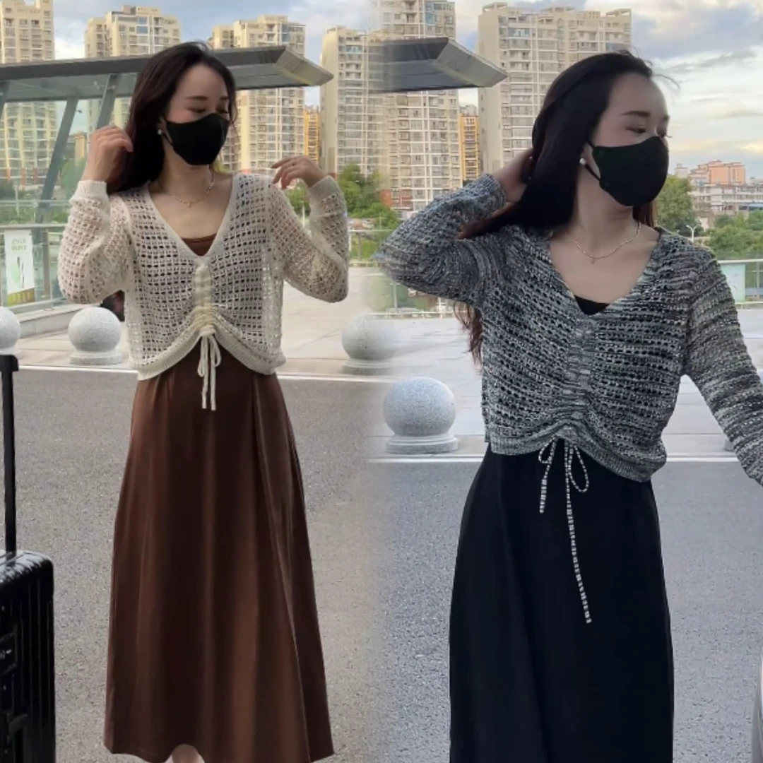 6077|镂空时尚气质两件套女装秋季新款显瘦设计针织连衣裙