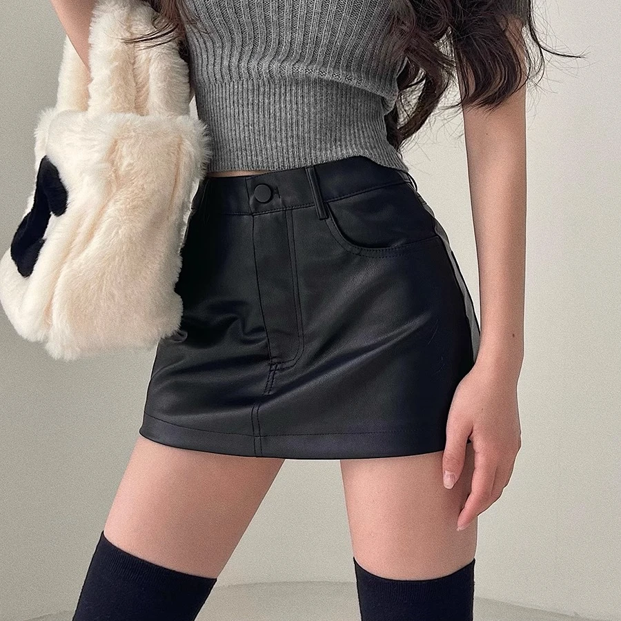 美式辣妹黑色PU皮裙2025秋冬前裙后裤高腰显瘦包臀A字裙约会短裙
