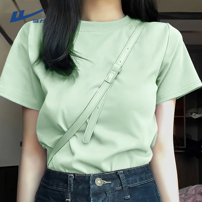 回力水绿色纯色宽松T恤女夏季日常百搭圆领短袖设计感休闲简约T恤