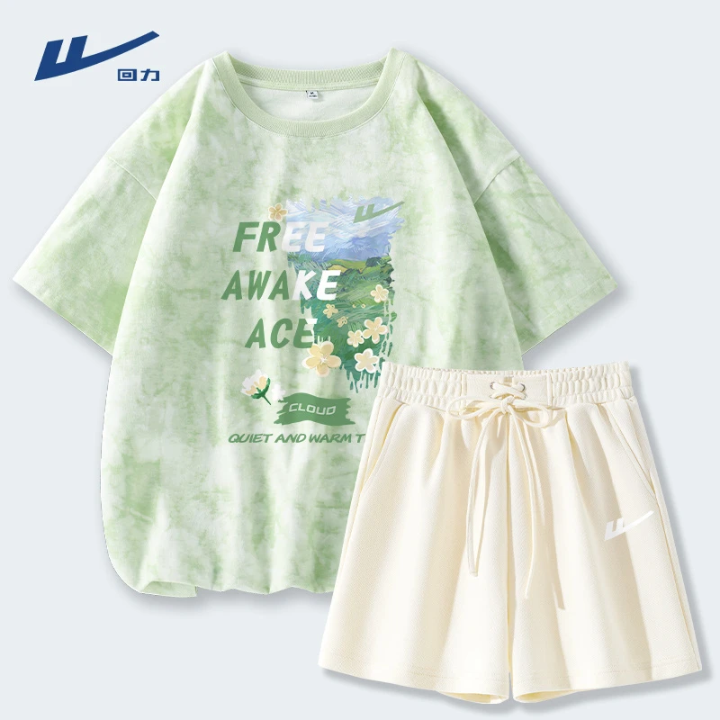 回力洋气休闲装运动套装扎染宽松T恤小众炸街高级感女装夏日穿搭