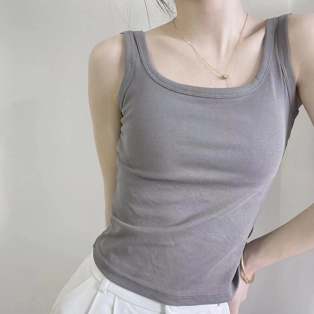 新款带胸垫螺纹纯棉内搭背心女聚拢乳胶杯百搭圆领无袖打底内衣