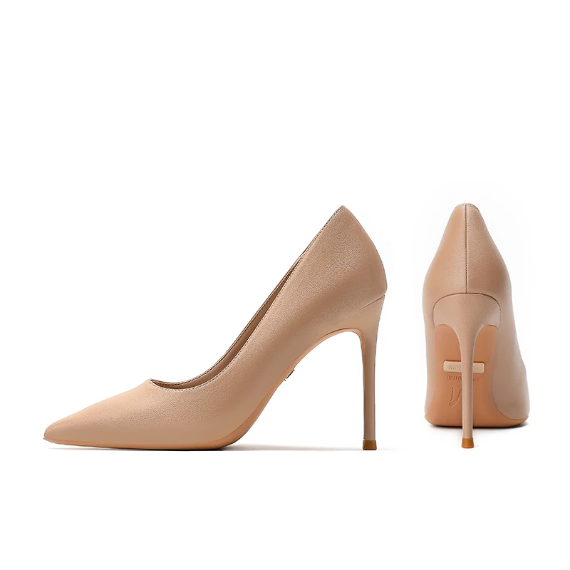 裸色日常通勤职业高跟鞋女2025夏季新款软皮尖头细跟气浅口单鞋