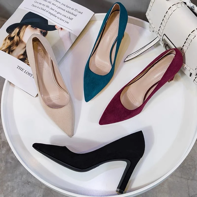 2025秋冬新款单鞋女粗跟绒面口尖头气质百搭网红少女法式小高跟鞋