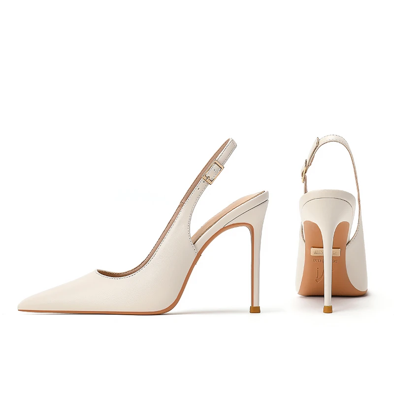 羊皮后空浅口米白色高跟鞋细跟时尚单鞋女鞋2025春夏新款包头凉鞋