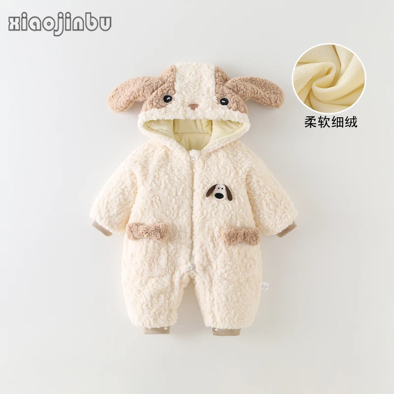 男宝宝毛绒连体衣秋冬新生婴儿衣服冬装夹棉加厚卡通外套外出抱衣