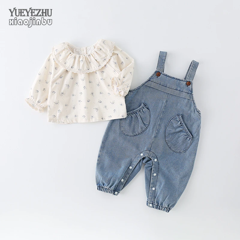 婴儿秋装牛仔背带裤套装女宝宝衣服春秋长袖碎花衬衫韩版两件套潮