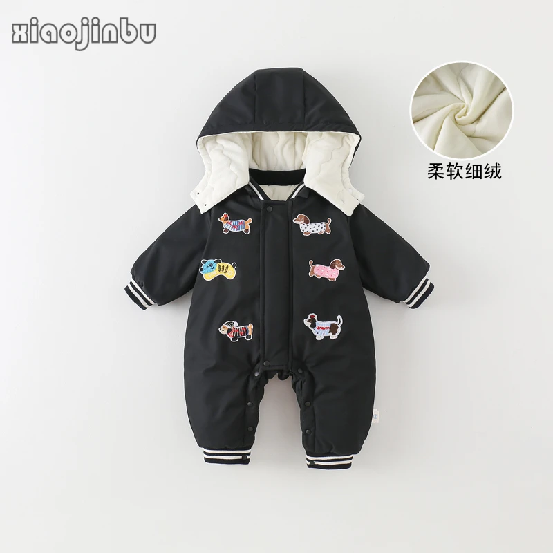 男宝宝夹棉冲锋衣外套秋冬新款帅气婴儿衣服冬装加厚保暖连体衣潮