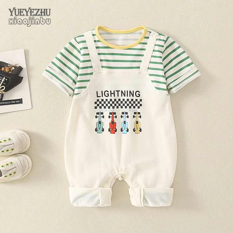 男宝宝衣服春季韩版婴儿夏装短袖长裤连体衣婴幼儿条纹假两件薄款