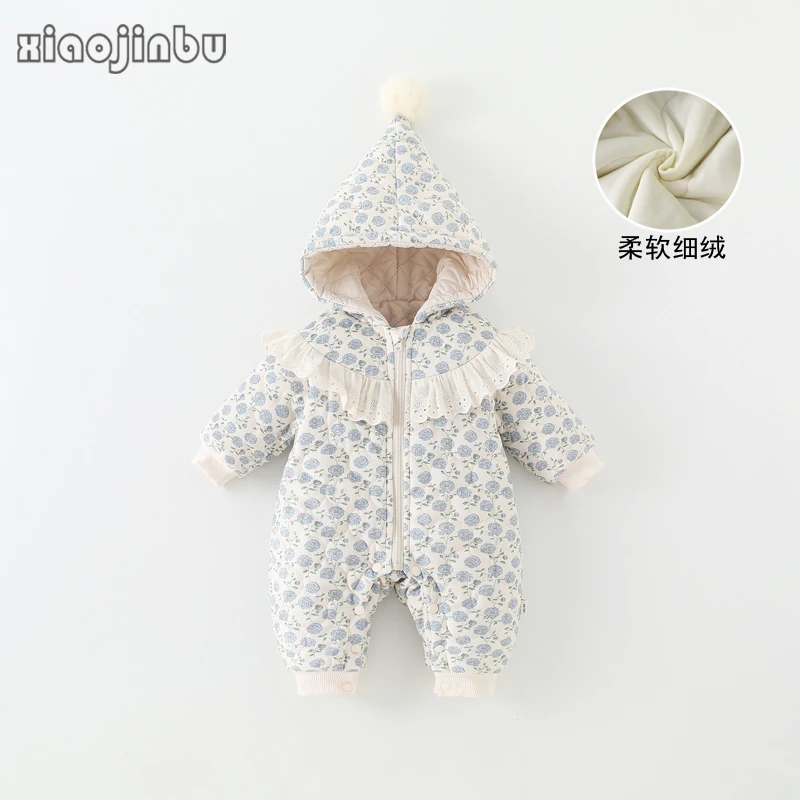 韩系婴儿衣服秋冬夹薄棉女宝宝连体衣深秋装洋气碎花公主连帽外出