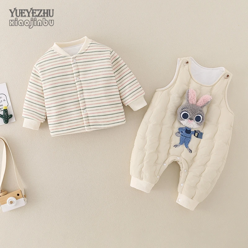 男女宝宝背带裤套装秋冬装夹棉保暖婴儿衣服初冬外穿卡通可爱冬款