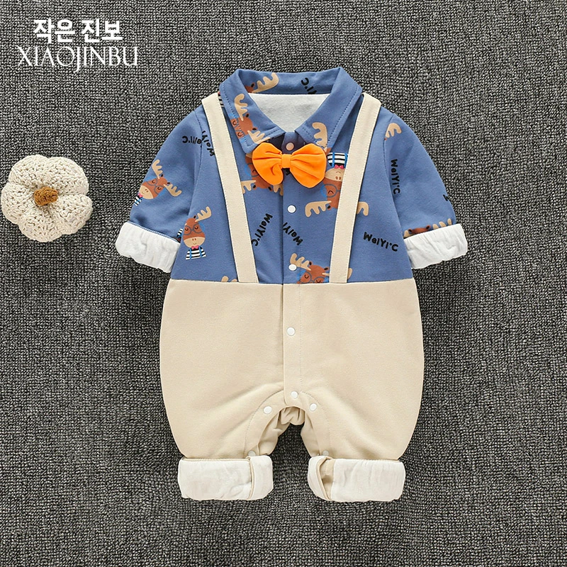 婴儿秋装长袖连体衣男宝宝衣服秋季绅士新生儿哈衣百天周岁外出服