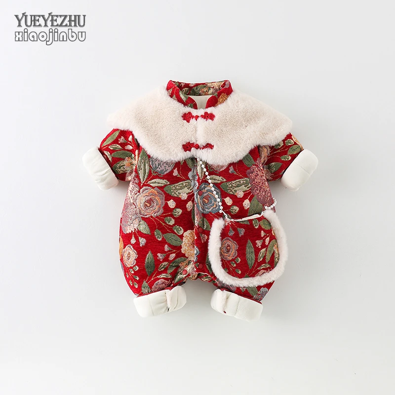 婴儿过年衣服喜庆冬装女宝宝中国风连体衣冬季满月百天外出拜年服