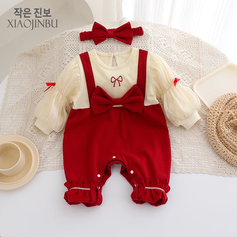 满月婴儿衣服春秋洋气公主百岁宴哈衣周岁宝宝服装女新生儿连体衣