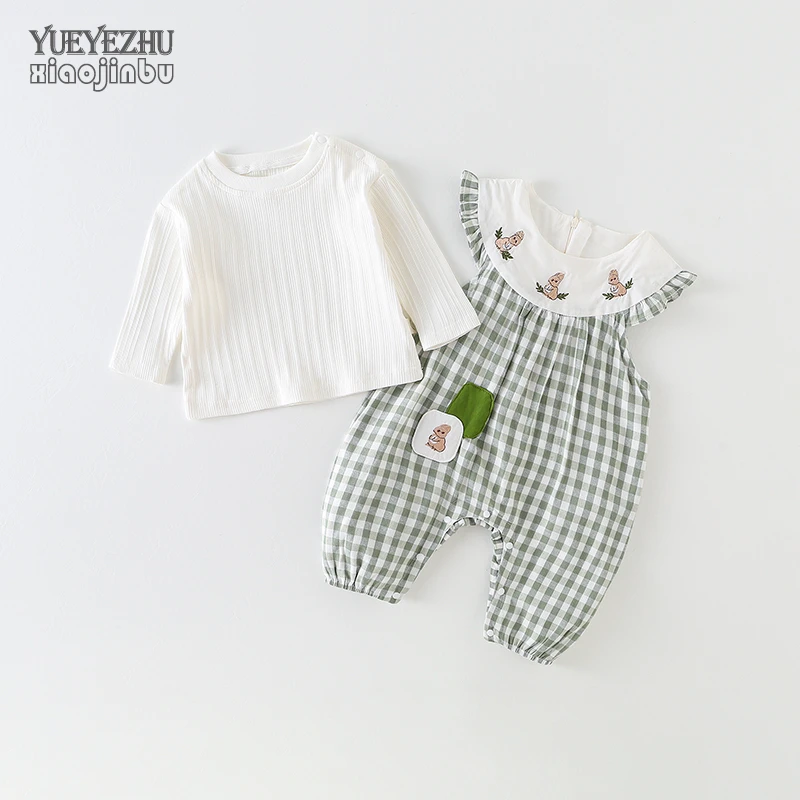 婴儿衣服套装秋装女宝宝春秋韩版洋气小清新格子背带裤幼儿两件套