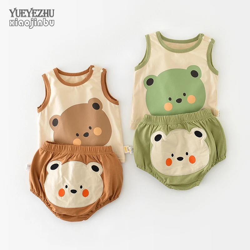 婴儿夏装背心套装男宝宝小熊衣服夏季韩版卡通包屁裤分体两件套潮