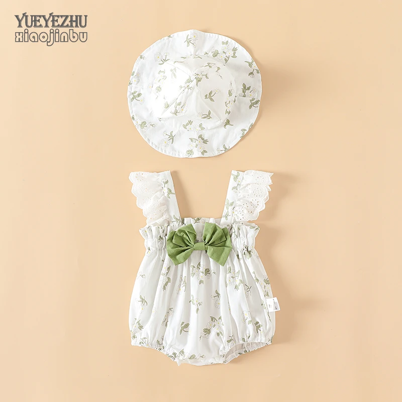 婴儿包屁衣套装夏季薄款女宝宝衣服夏装洋气蝴蝶结带帽新生儿哈衣