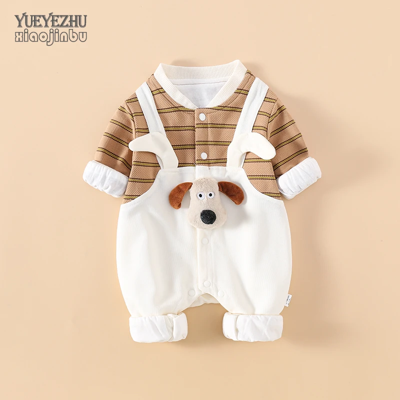 男宝宝假两件连体衣春秋新生婴儿衣服秋装韩版卡通可爱洋气外出服