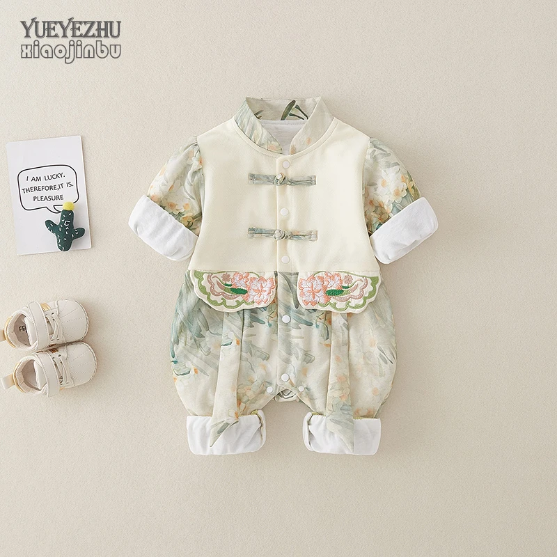 百天婴儿衣服秋装一岁宝宝中国风连体春秋古风满月周岁装外出爬服