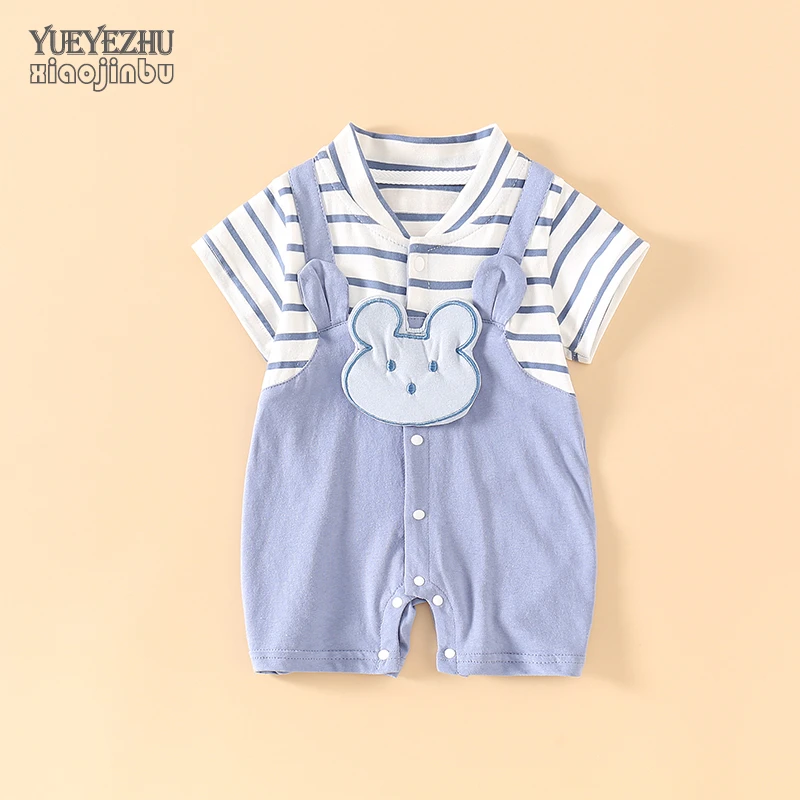 婴儿夏季薄款连体衣男宝宝衣服夏天假两件条纹洋气哈衣爬服外出穿