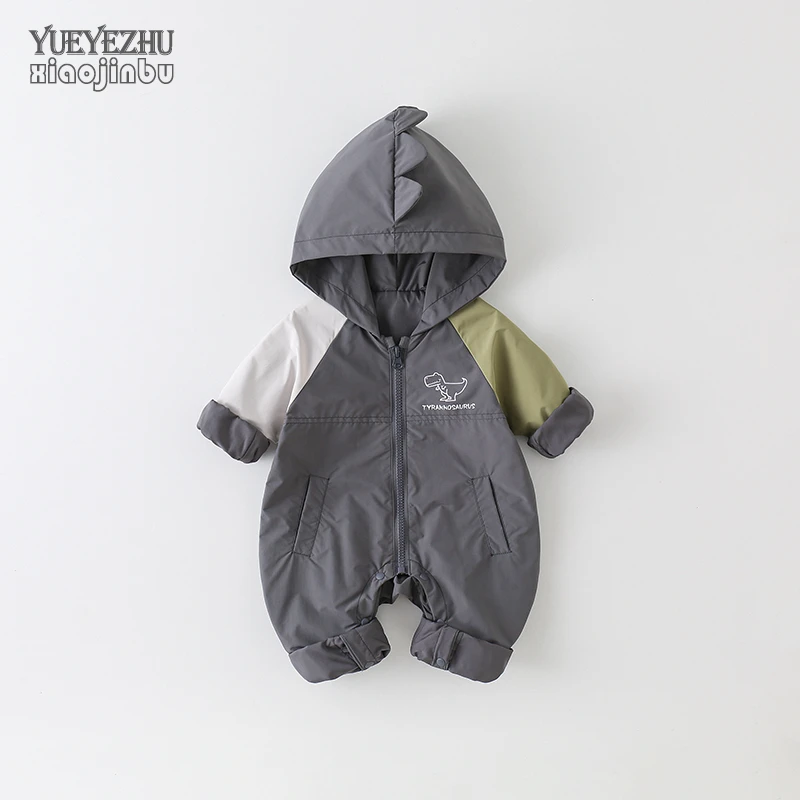 婴儿秋装工装风连体衣男宝宝衣服春秋休闲撞色恐龙哈衣连帽外出服